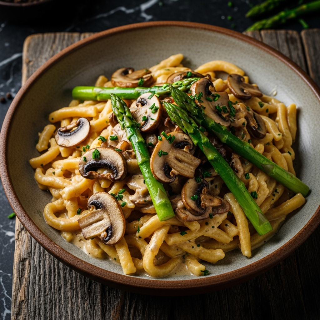 Mouthwatering German Vegetarian Lunch: Creamy Spätzle with Sauteed Mushrooms & Asparagus